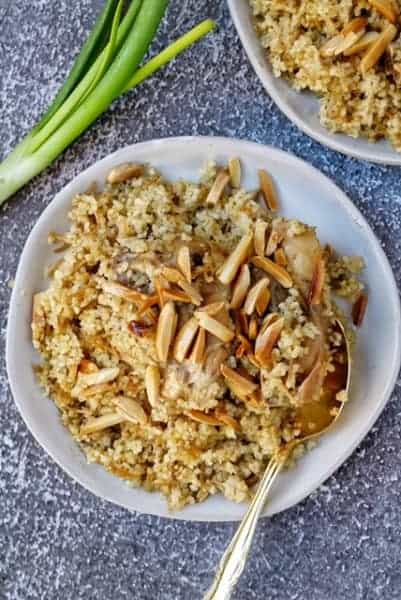 A special healthy Bulgar pilaf with vermicelli and chicken topped with toasted almonds. It is a traditional Kurdish dish suitable for all the family.