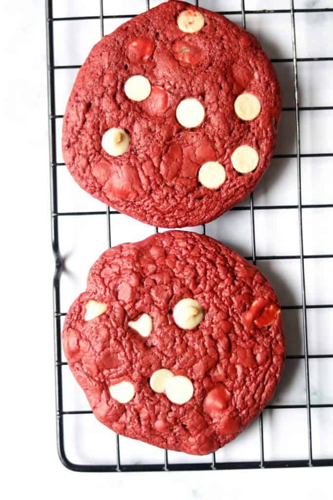 Perfect Red Velvet Cookies With Cake Mix Recipe. With simple ingredients and easy steps you can enjoy a beautiful red cookies topped with chocolate chips.