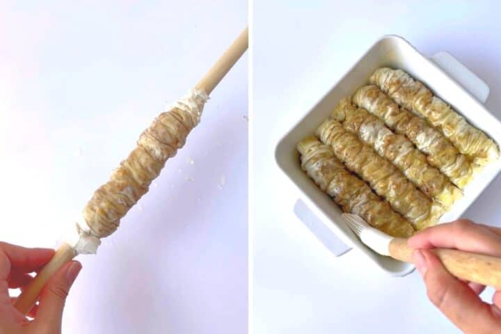 The sheets are rolled using a skewer placed on the top into fingers. Four rolls are places in a baking dish then brushed with melted butter.