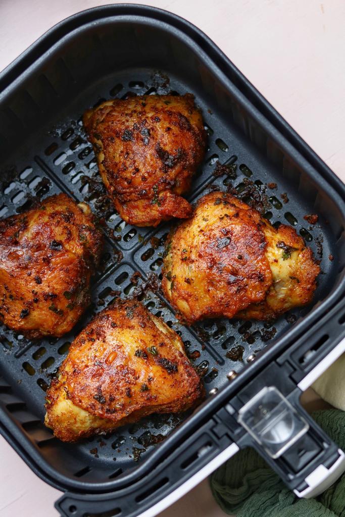 So crispy skin on chicken thighs with bone cooked to perfection in the air fryer. You will have a unique delicious flavor with each bite.