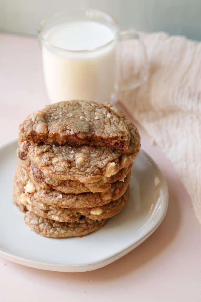 The chewy center, filled with melted dark chocolate, truly makes these the best brown butter salted cookies ever. Dip them in a glass of milk and enjoy!