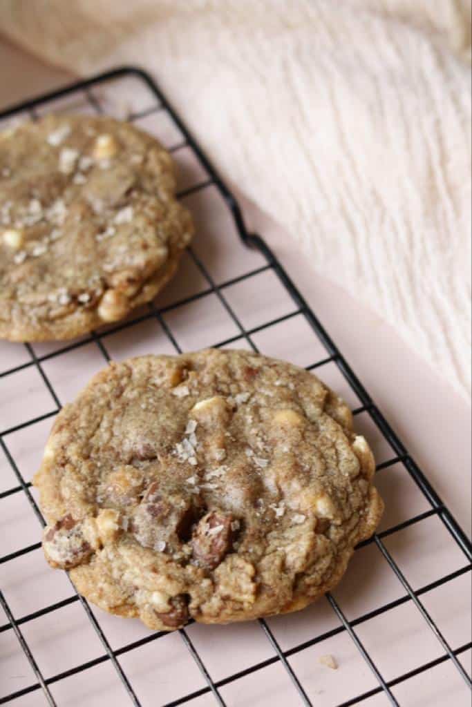 Brown Butter salted chocolate cookies with some flaky sea salt. crispy edges and a chocolatey, chewy center is what you will enjoy when you make these heavenly cookies.