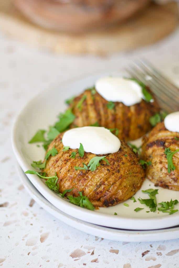So yummy seasoned air fryer baby Hasselback potato bites with crispy texture and amazing appearance. You can top these potatoes with a dollop of sour cream and garnish finely chopped fresh parsley before serving hot.