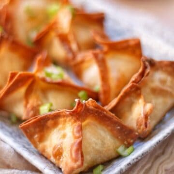 These Crispy Air Fryer Crab Rangoons — wontons stuffed with cream cheese and imitation crab meat — are super crunchy, delicious, and easy to make at home.