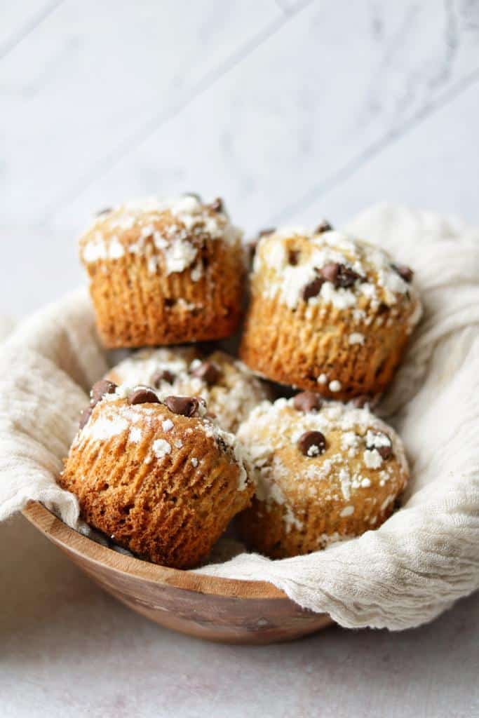 Fluffy and moist banana muffins with a sweet banana flavor and a few jolts of delicious semi-sweet chocolate chips.