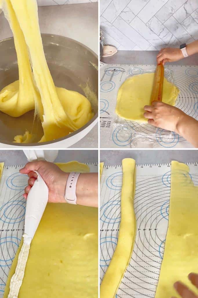 place the dough on the plastic wrap and roll it out, then cut the edges with a pizza cutter and pipe out the ashta cream on the edges of the dough