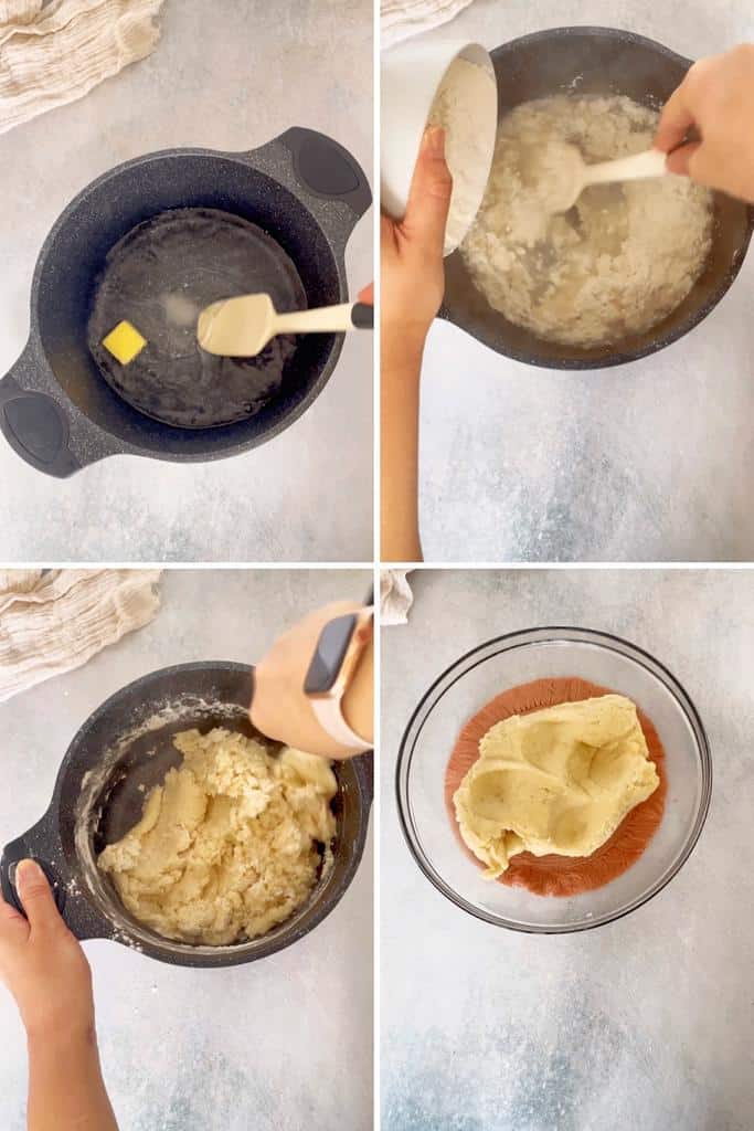 Add water, sugar, salt, butter, flour and corn starch to a pot over medium heat, all combined and it has formed none sticky dough. Place the dough in a bowl and let it cool down for 20 minutes.