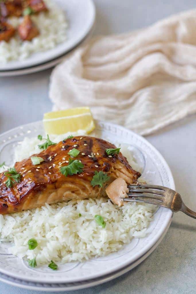 enjoy the tender and juicy texture of salmon fillets served on hot bed of rice