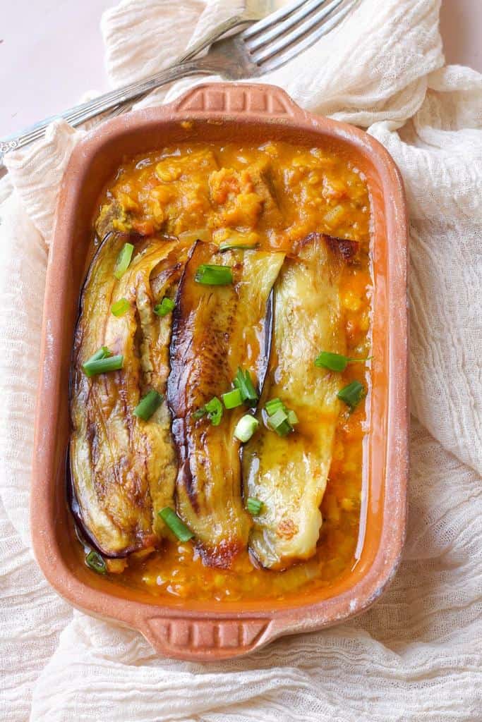 A deliciously balanced Persian stew that is prepared with eggplants, as well as  beef and tomatoes