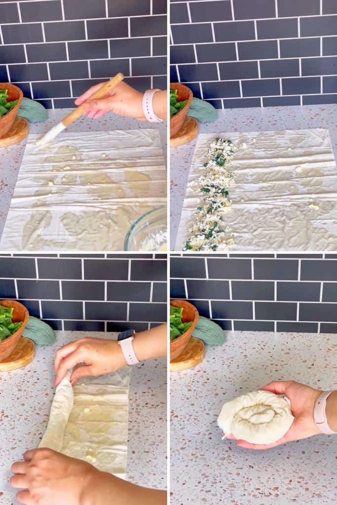 brush generously the phyllo sheets with the milk mixture and fold the edges over the filling and roll it into a log