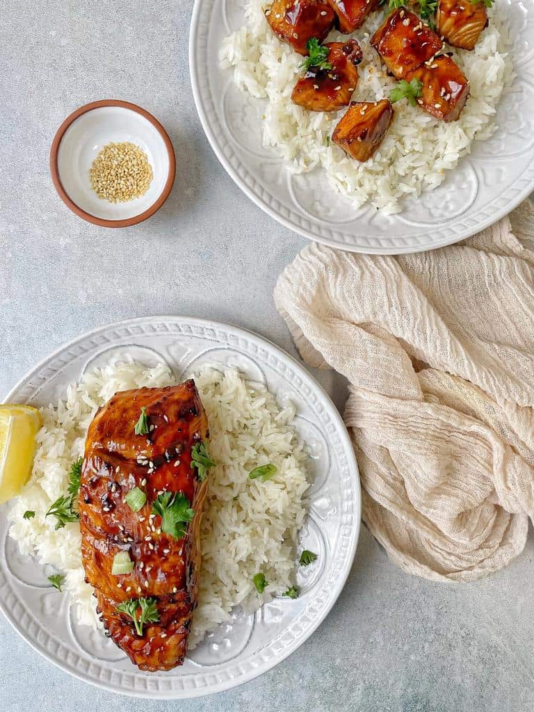 make the perfect dinner by making salmon teriyaki fillets in air fryer, then garnished them with sesame seeds and finely chopped fresh parsley, and serve them with hot rice