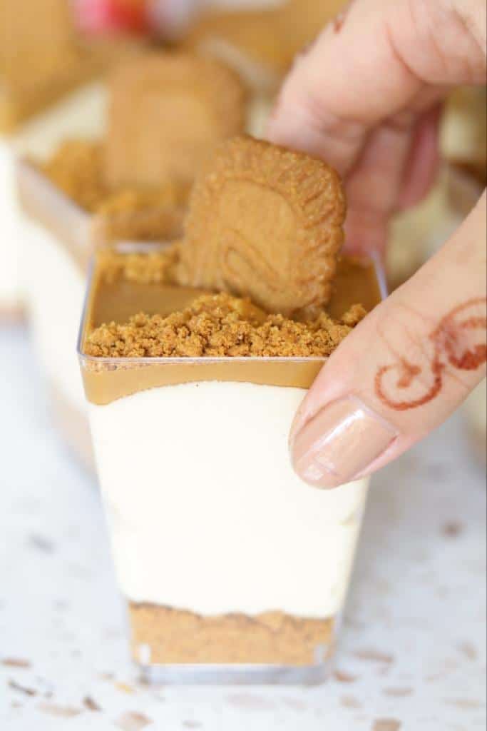 Biscoff lotus cups topped with crushed biscoff biscuits make the perfect summer dessert.