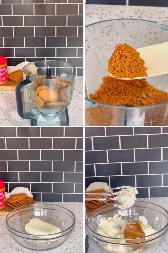 First, pulse the cookies in a food processor until finely crushed. Divide evenly between 8 serving cups (about one tablespoon per serving cup). Whip the cream cheese until soft using an electric mixer. Add Lotus Biscoff spread and whip until smooth. Set aside.