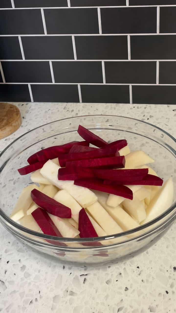 beets and turnips cut into one inch thickness like french fries