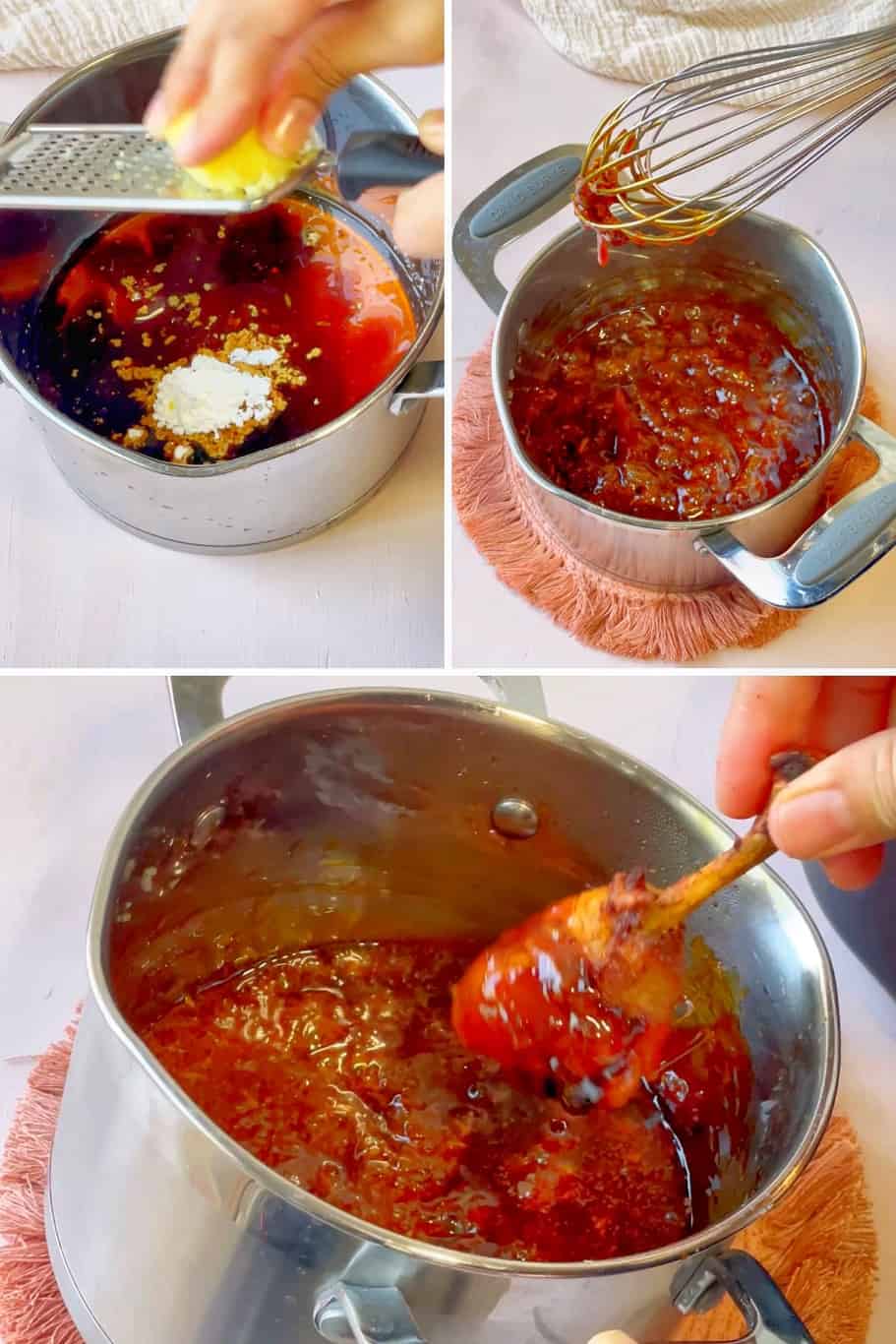 To make honey garlic sauce, in a small saucepan over medium heat, add honey, soy sauce, garlic, ginger, water, vinegar, corn starch, and brown sugar. 
