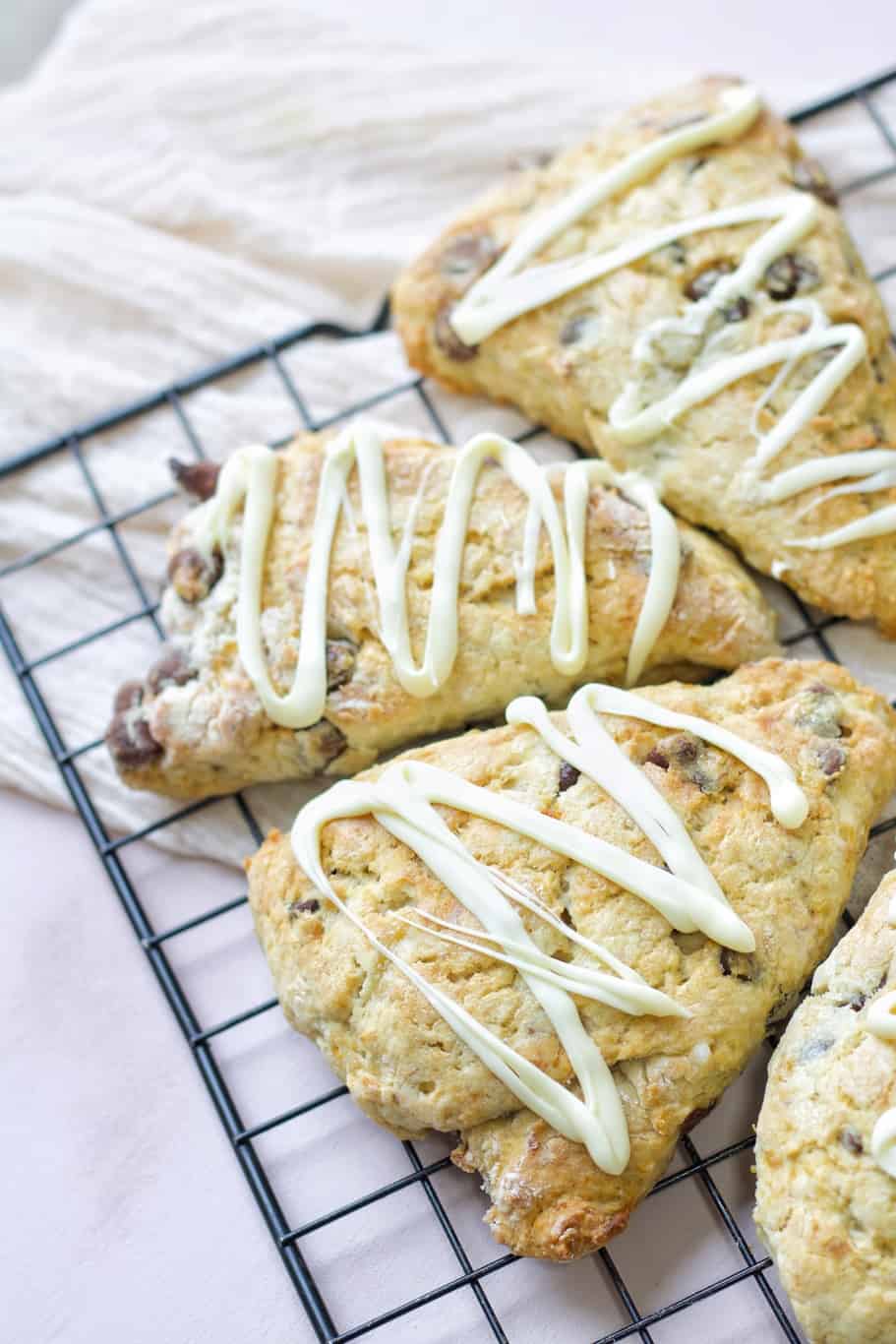 banana scones with melted white chocolate on the top