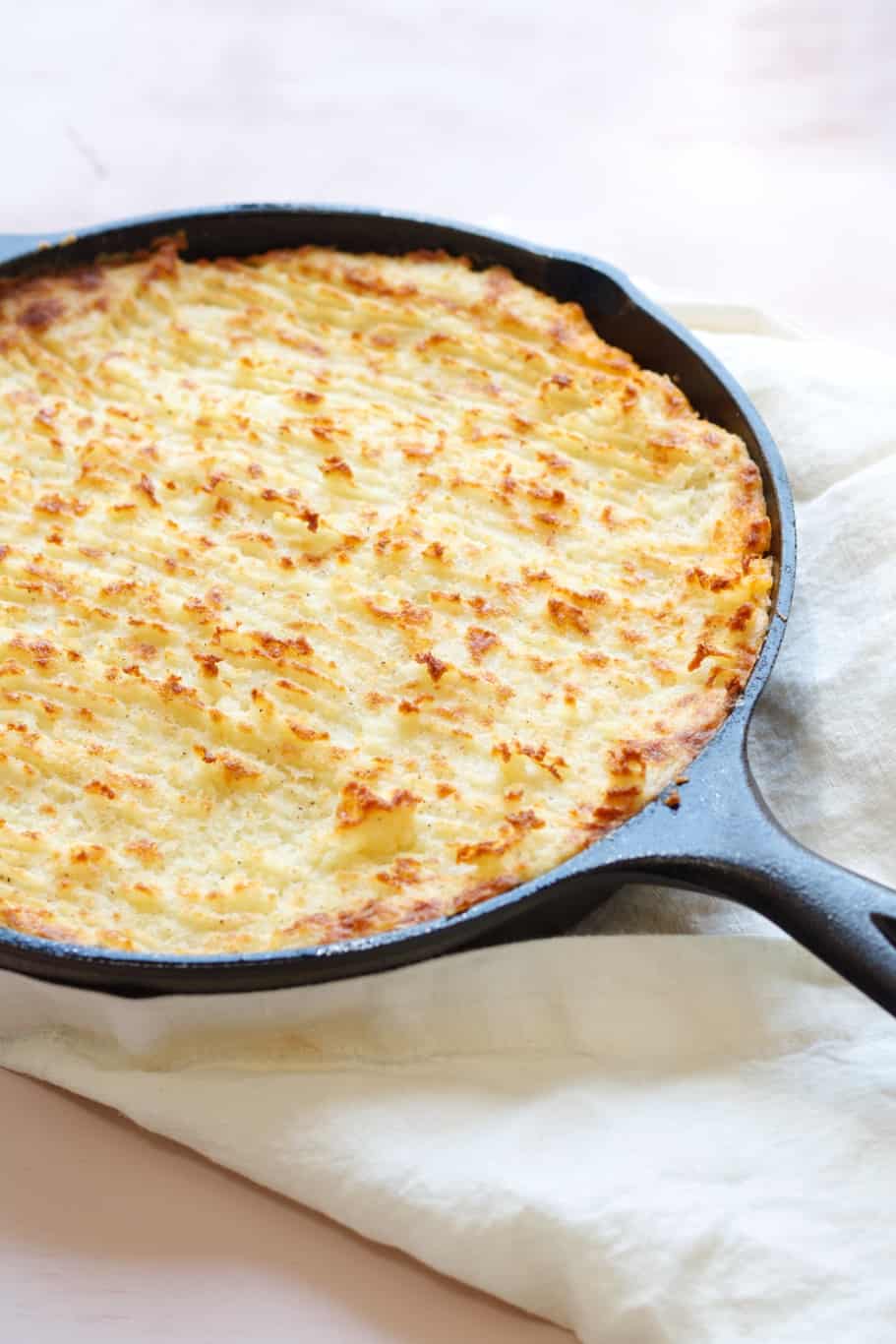 Golden and crispy shepherd's pie made with leftover lamb roast and soft and fluffy mashed potatoes