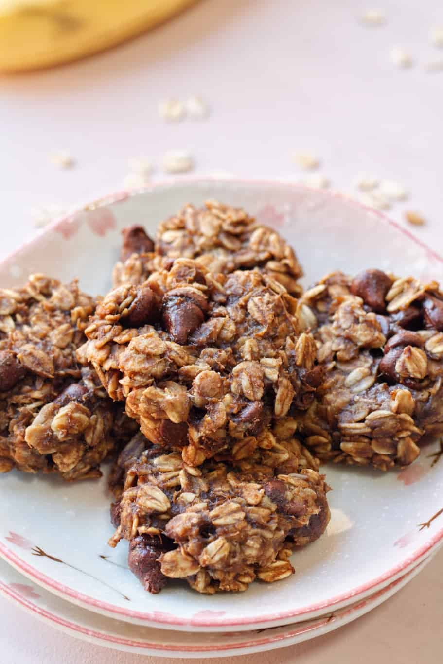 Homemade banana oatmeal cookies placed on a white dish.