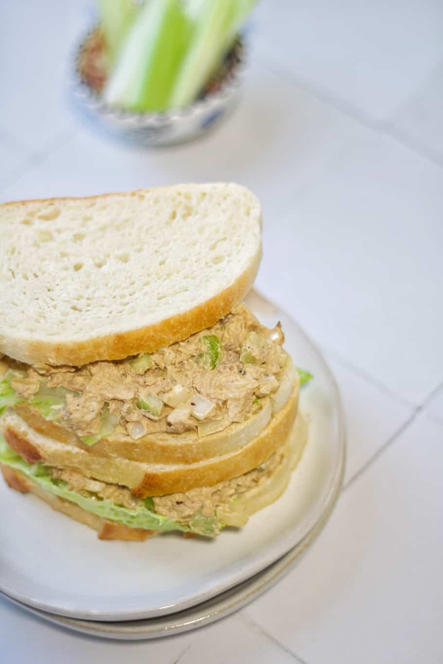 Delicious and healthy tuna salad sandwich made up of tuna, celery, onions, and soya sauce