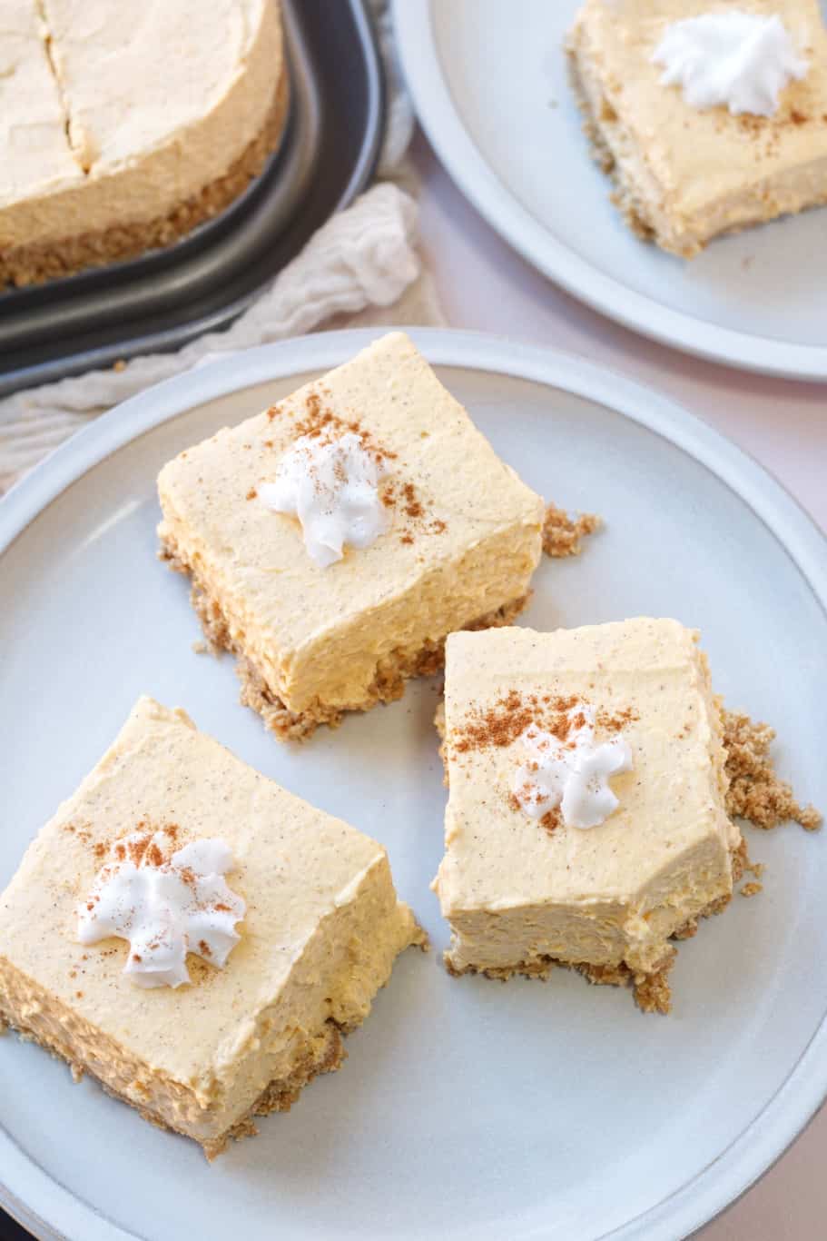 Super creamy no-bake pumpkin bars topped with whipped cream before serving and sprinkle a little bit of cinnamon before serving.