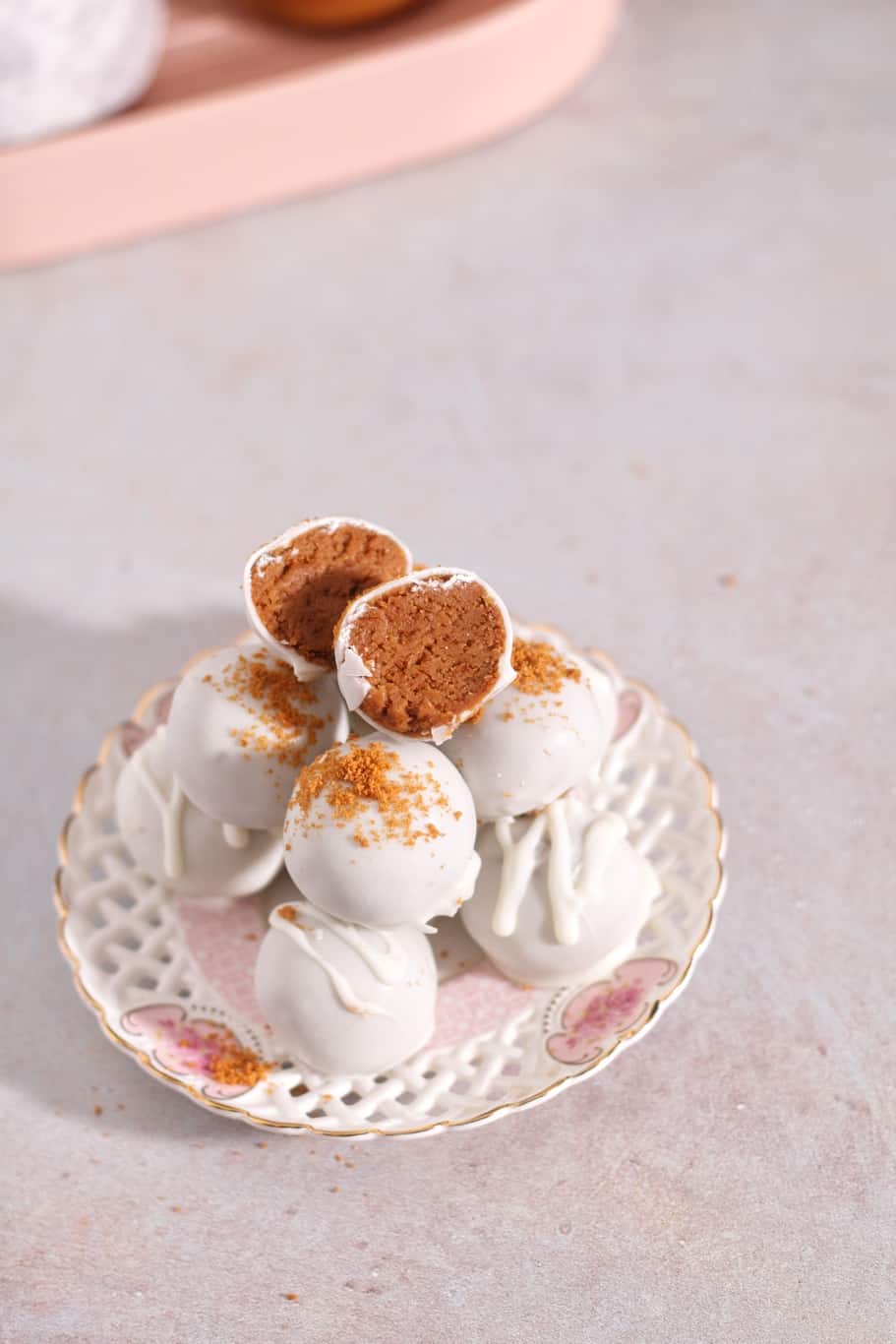 creamy biscoff truffles made with crushed biscoff cookies and cream cheese then dipped in white chocolate