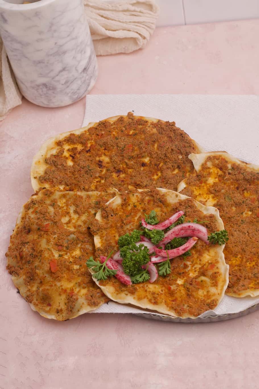 homemade turkish lahmajoun wraps with juicy beeg and veggies