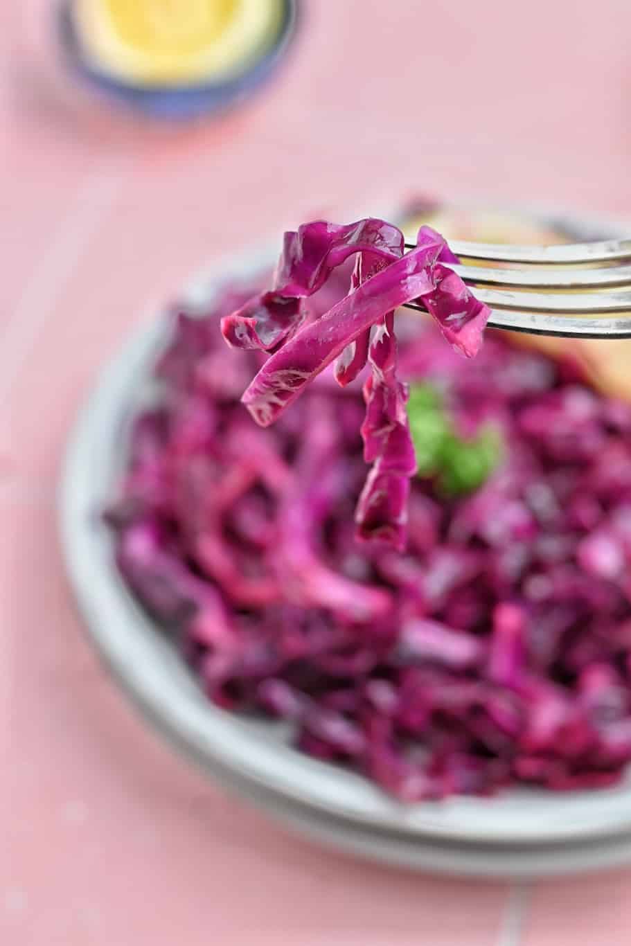 a fork with red cabbage salad